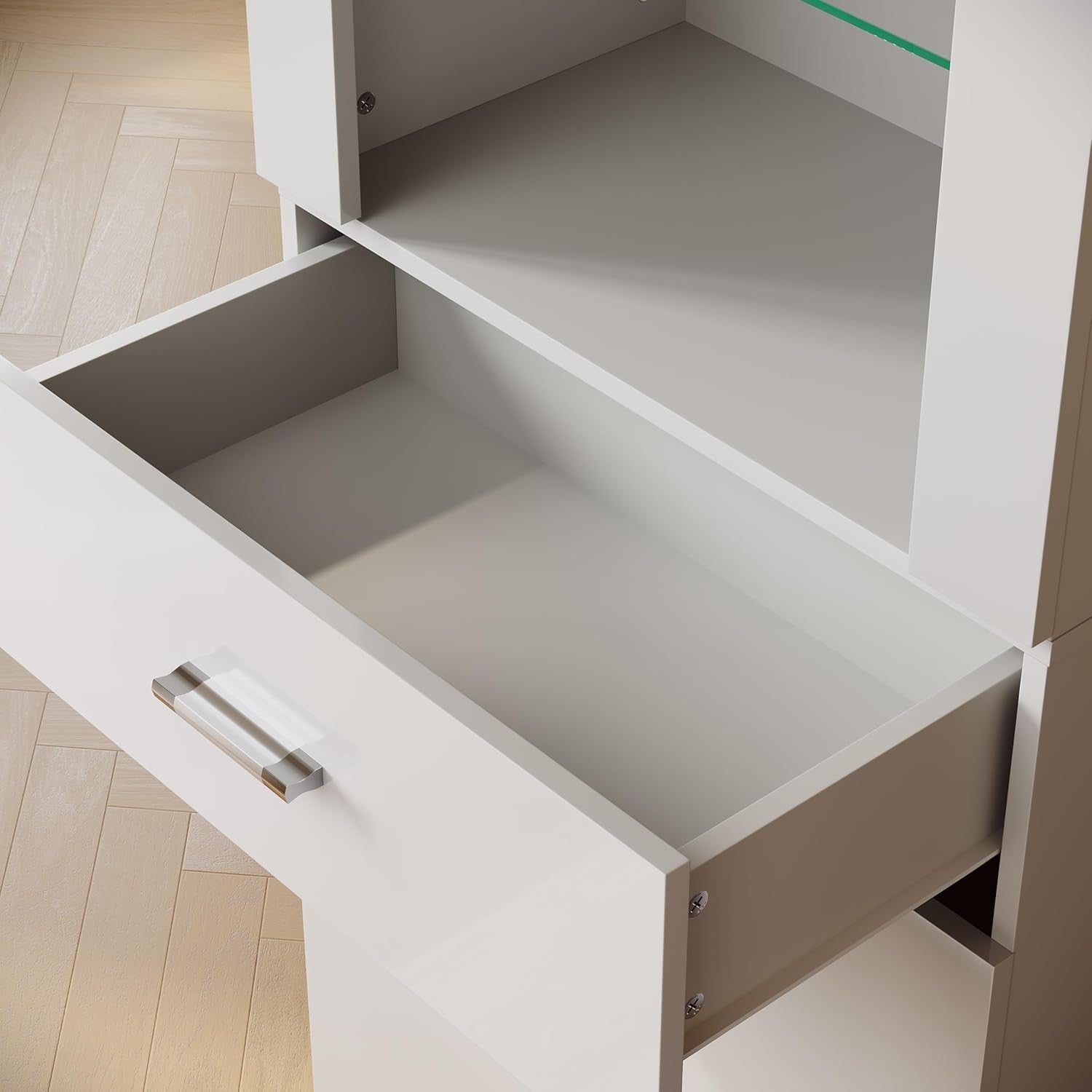 White Gloss Tall LED Display Cabinet 165cm Modern Cupboard with Drawer & Shelves