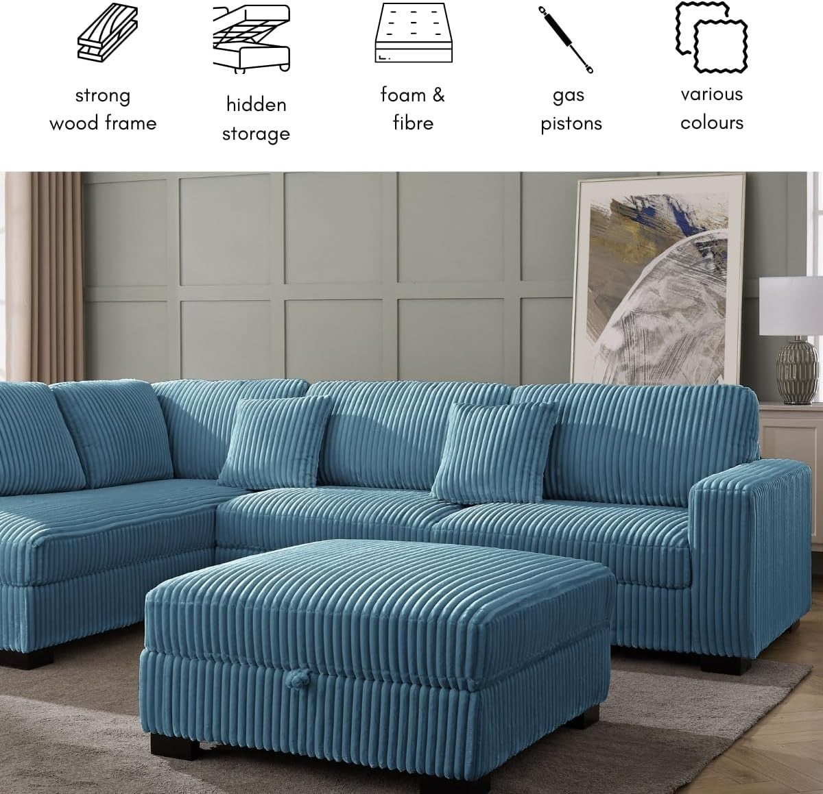 Blue Teddy Jumbo Cord Storage Footstool for L-Shape Corner Sofa
