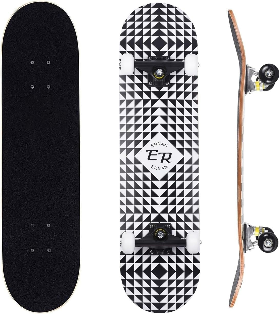 31" Maple Double Kick Skateboard Beginners Kids Adults w/ T-Tool Half Black Deck