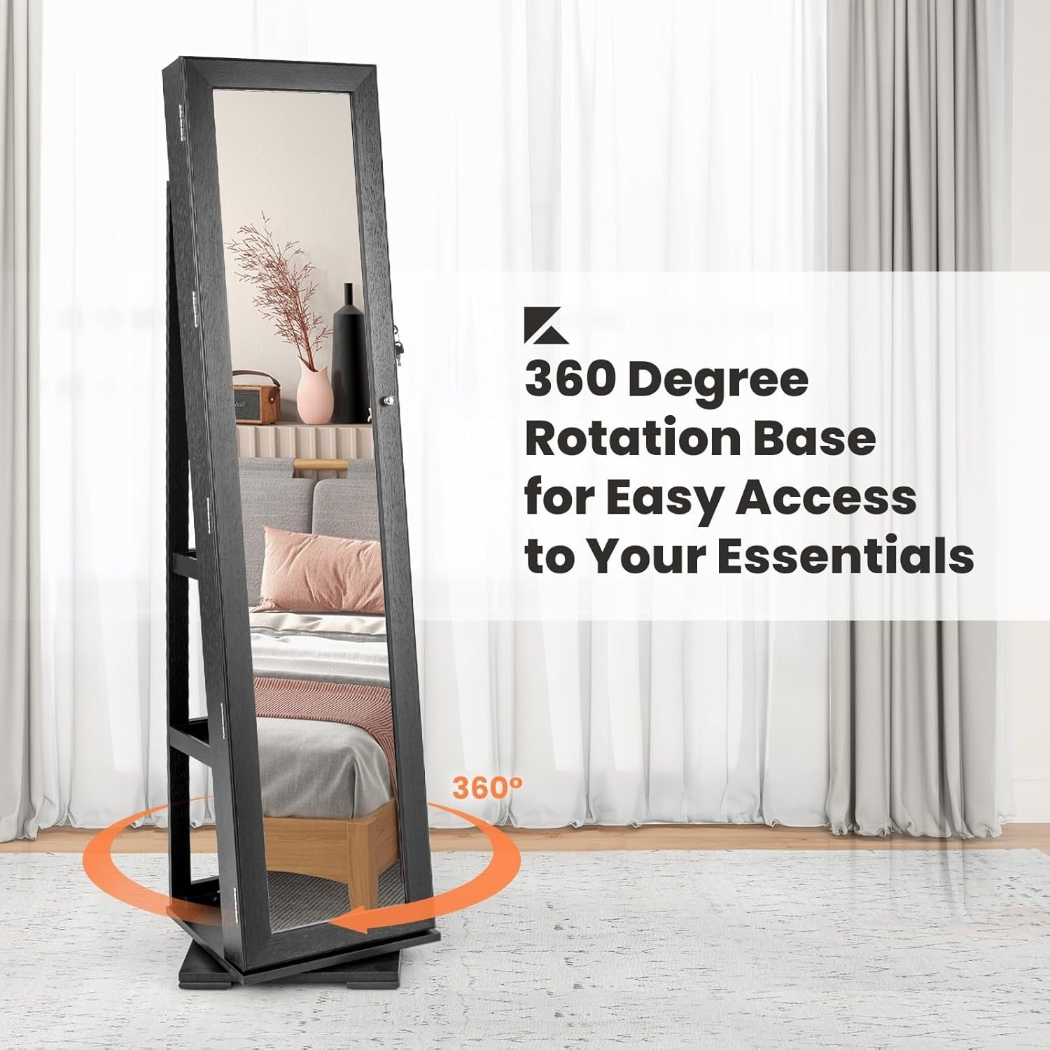Black 360° Swivel Jewelry Cabinet Mirror Lockable 3-in-1 Storage Stand