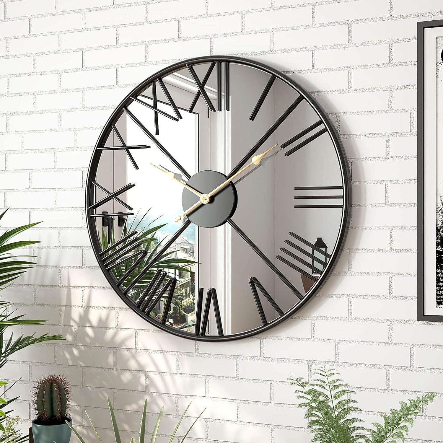 50cm Large Mirrored Wall Clock – Silent Roman Numeral Metal Modern Design