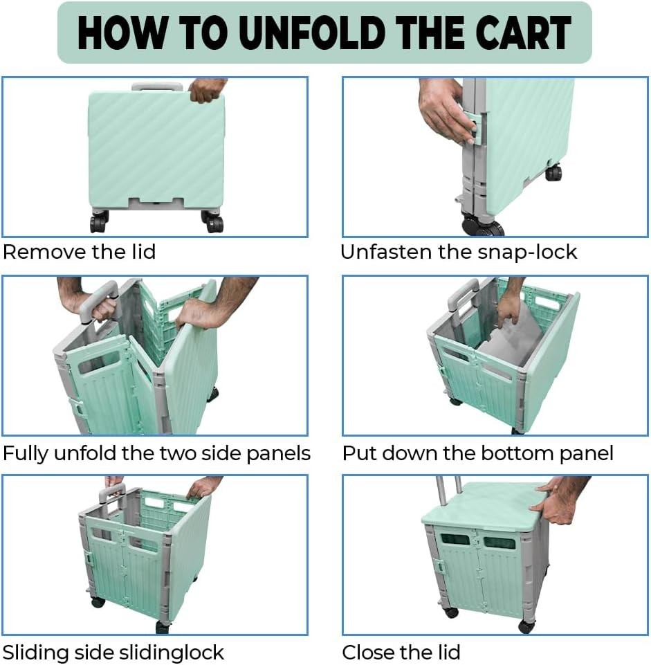 50L Foldable Shopping Trolley Cart 4 Wheels Lid 40kg Heavy Duty Utility