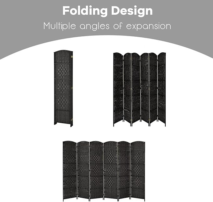 6 Panel Folding Room Divider – Black Woven Privacy Screen for Bedroom