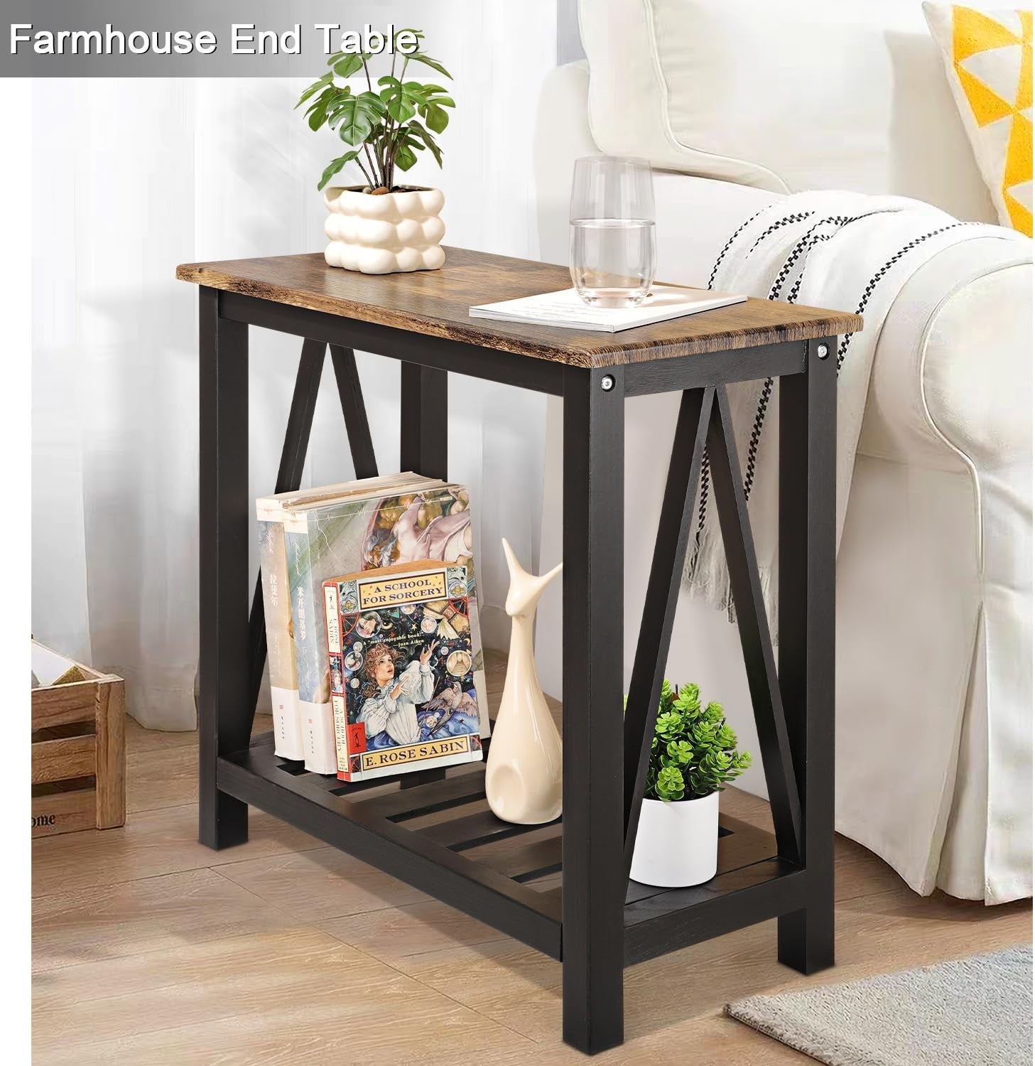 Narrow Industrial Side Table with Storage Shelf, Compact Sofa Nightstand