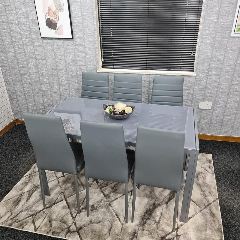 6 Seater Grey Glass Dining Table Set with Faux Leather Chairs & Metal Legs