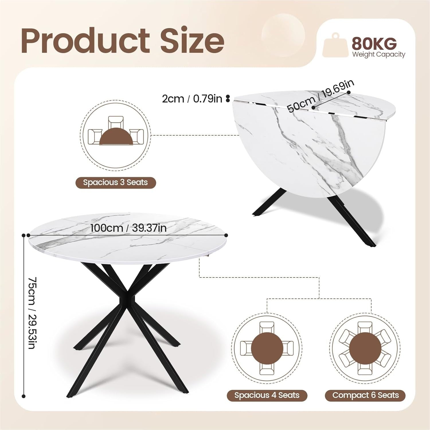 Folding Round Drop Leaf Dining Table Marble Effect Small Space Kitchen