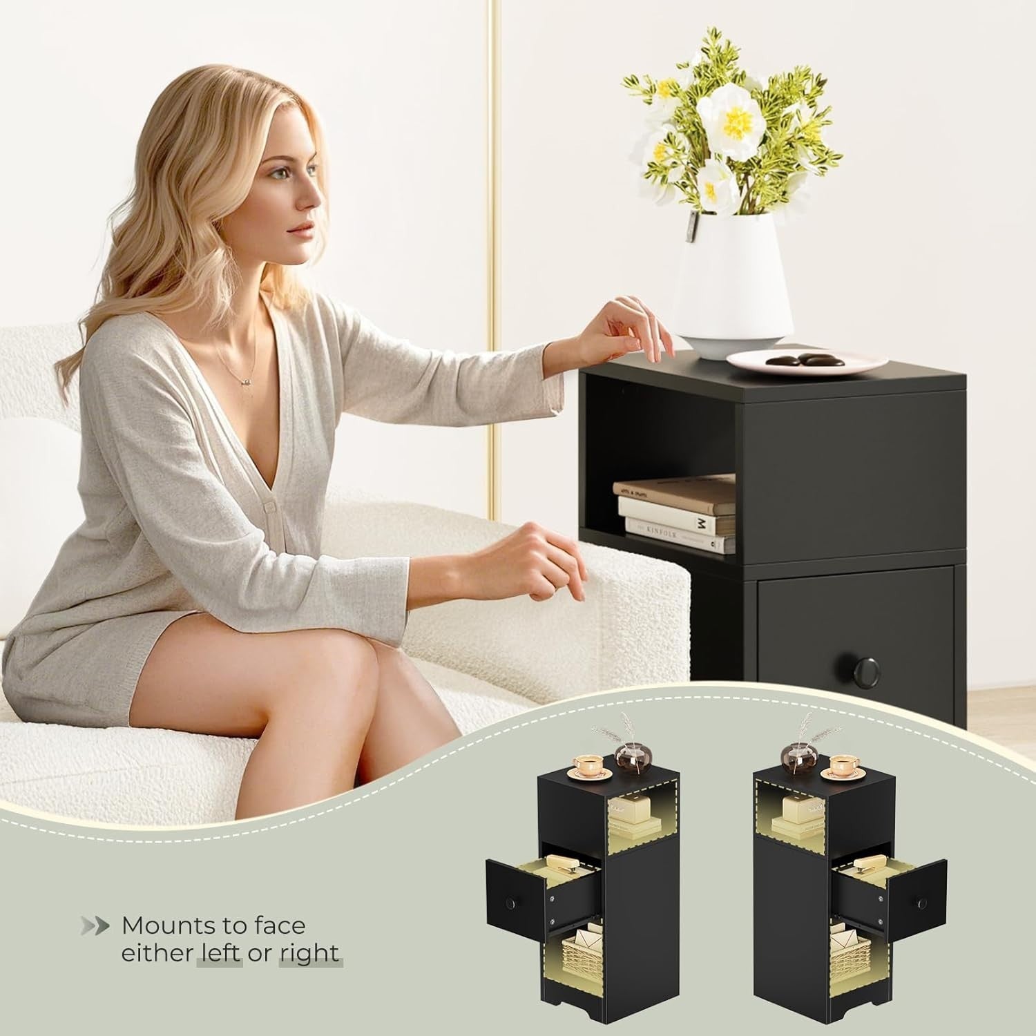 Set of 2 Slim Black Bedside Tables with Drawer & Shelves | Modern