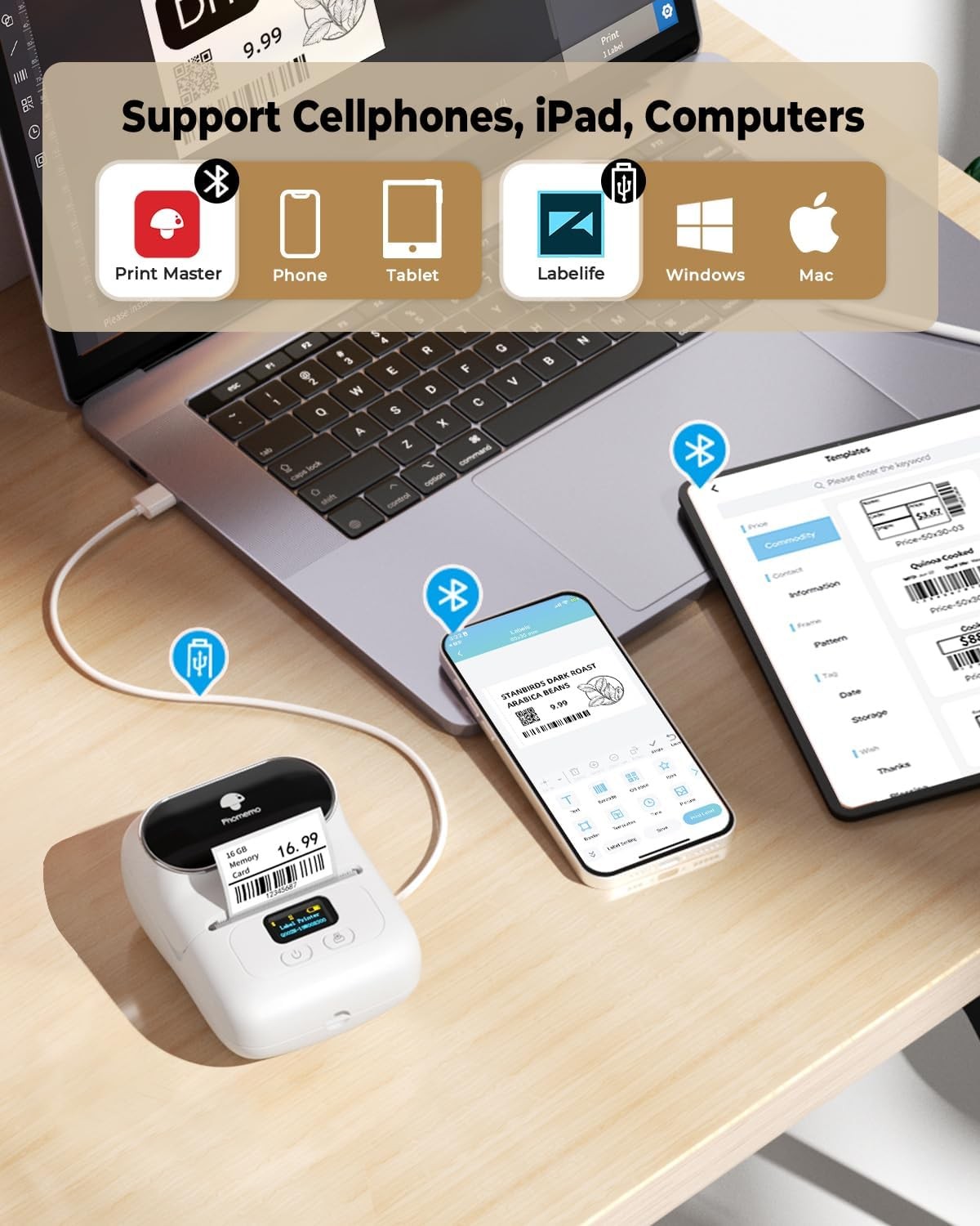 Bluetooth Thermal Label Printer 40x30mm Portable Barcode