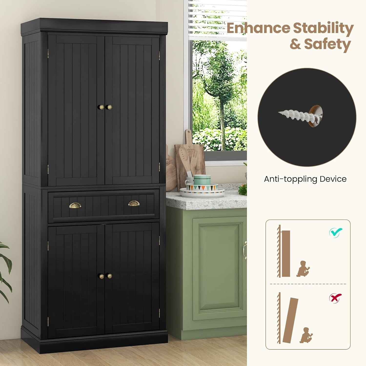 182cm Black Kitchen Pantry Cupboard | 4 Adjustable Shelves & 1 Drawer