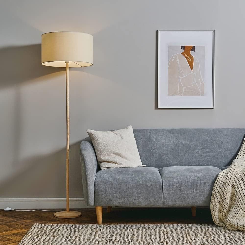Natural Wood Floor Lamp Beige Drum Shade Modern Standing Light Living Room