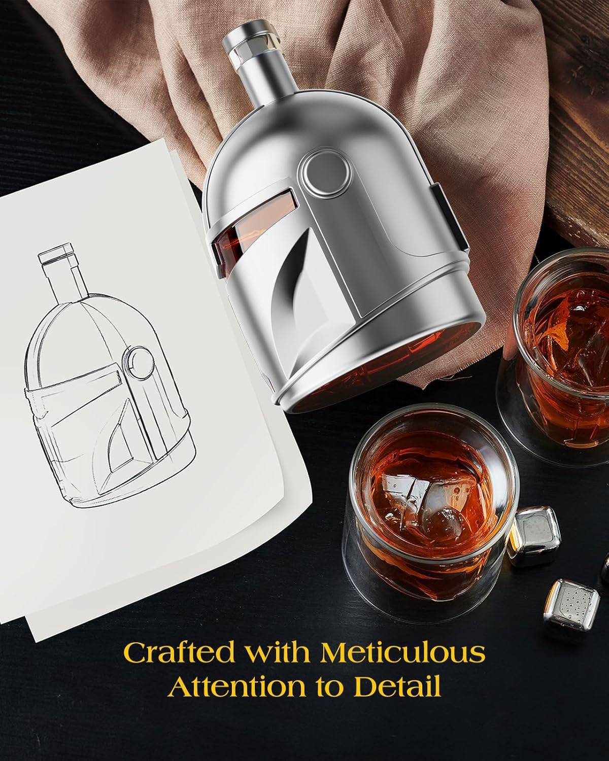 Silver Helmet Whiskey Decanter 34oz with 2 Glasses – Luxury Men’s Bar Gift