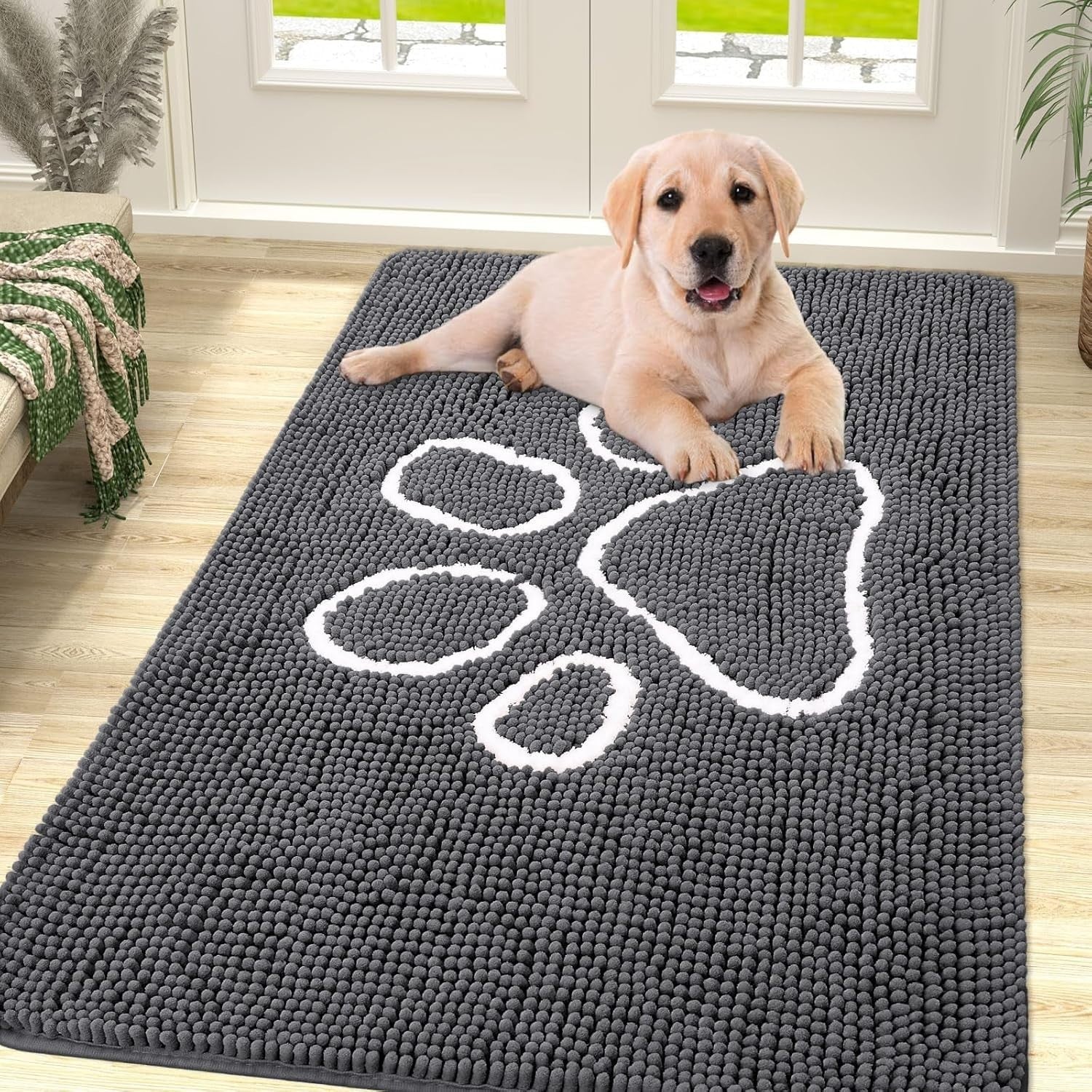 Dog Door Mat Super Absorbent Non Slip Chenille Indoor Entrance Rug 76x121cm