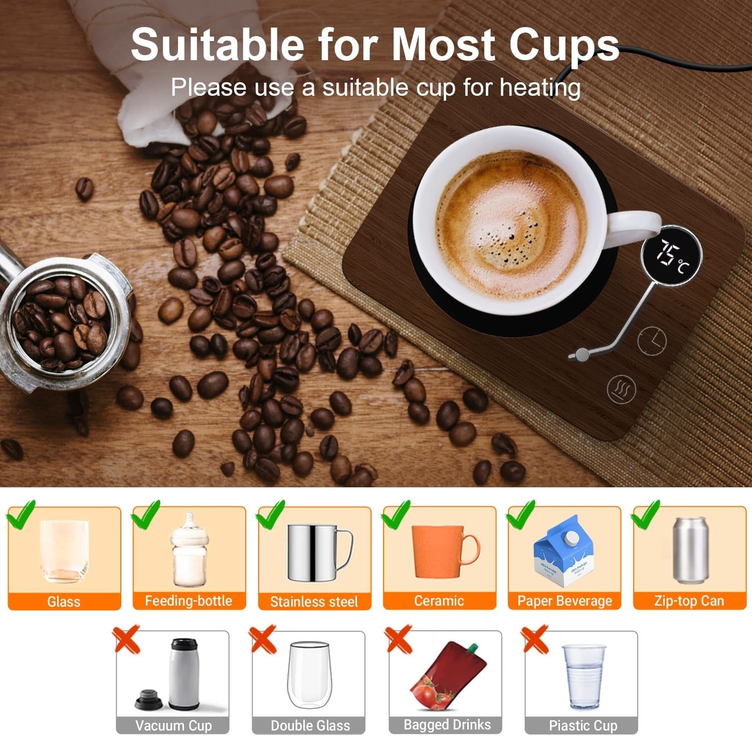 Smart Coffee Mug Warmer – Desk Beverage Heater, Black & Wood