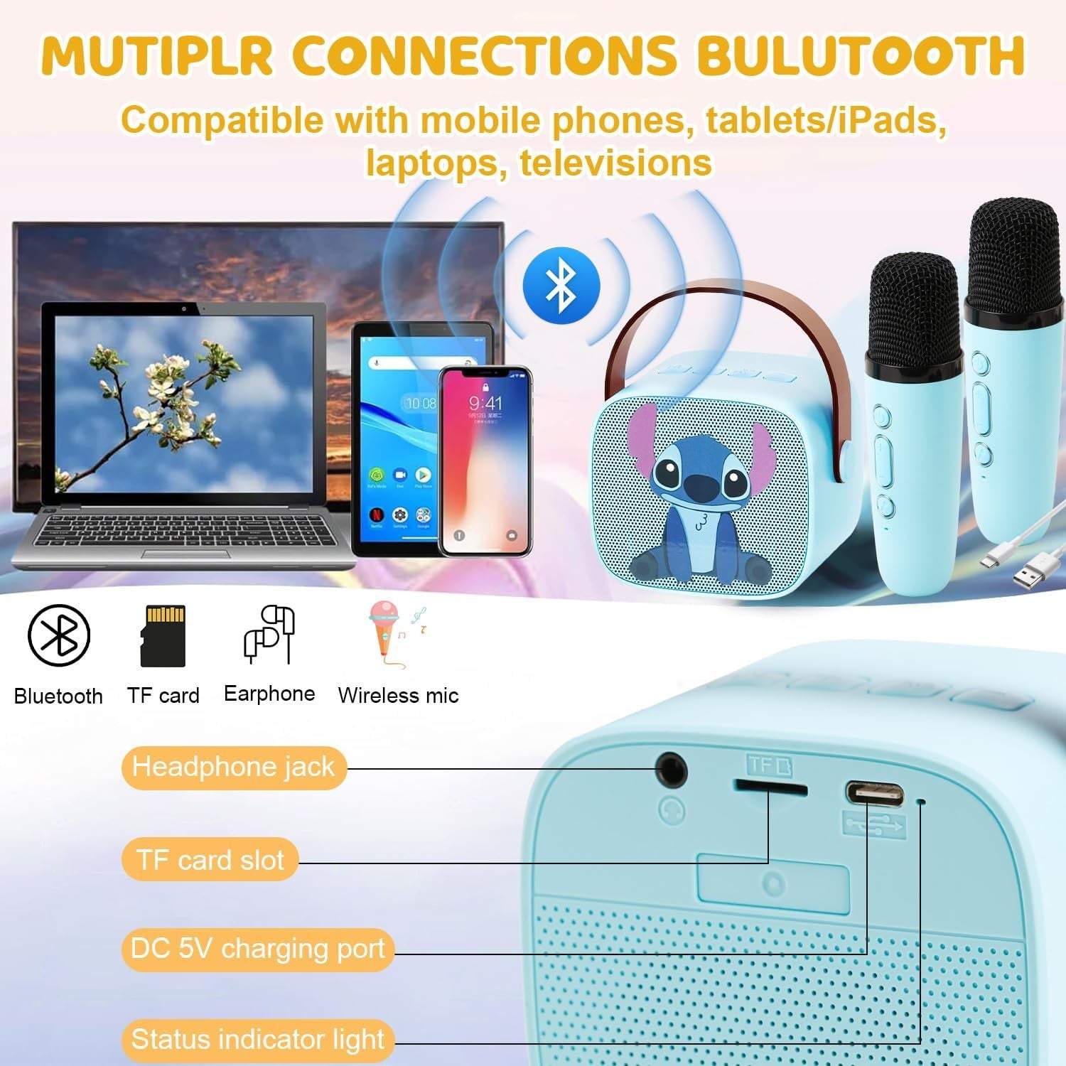 Blue Kids Karaoke Machine w/ 2 Wireless Mics & LED Party Lights