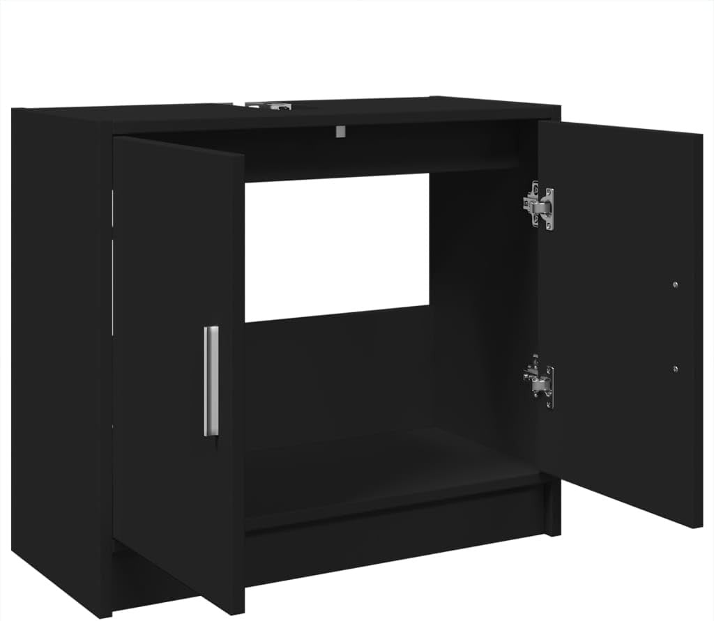 Black Under Sink Bathroom Cabinet – Modern Double Door Vanity Storage Unit 63cm