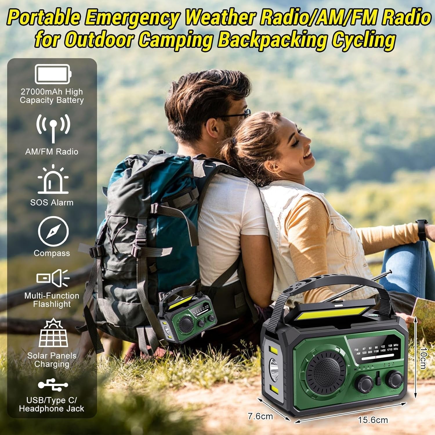 Emergency Wind Up Solar Radio 27000mAh Power Bank AM/FM Torch Army Green