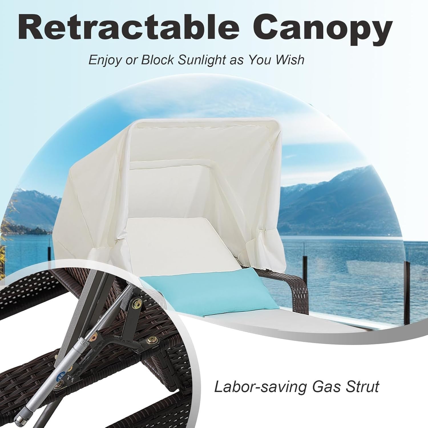 Adjustable 6-Position Rattan Sun Lounger with Canopy, Cushion & Side Table