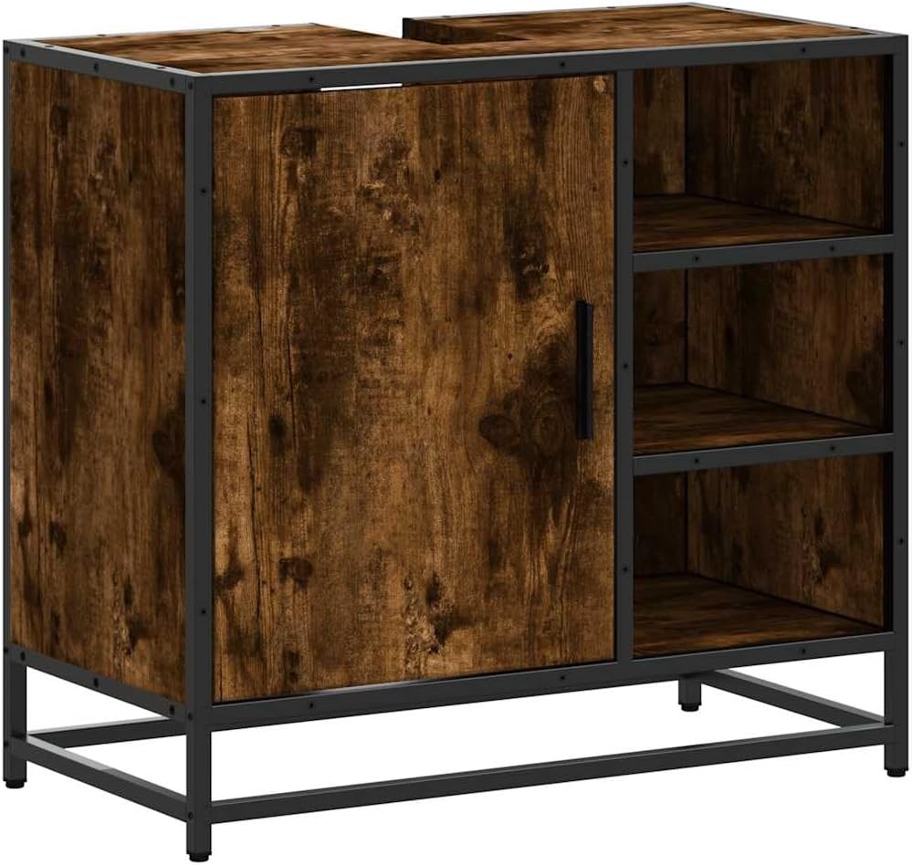 Smoked Oak Under Sink Bathroom Cabinet – Rustic Wood Storage Unit 65cm Modern