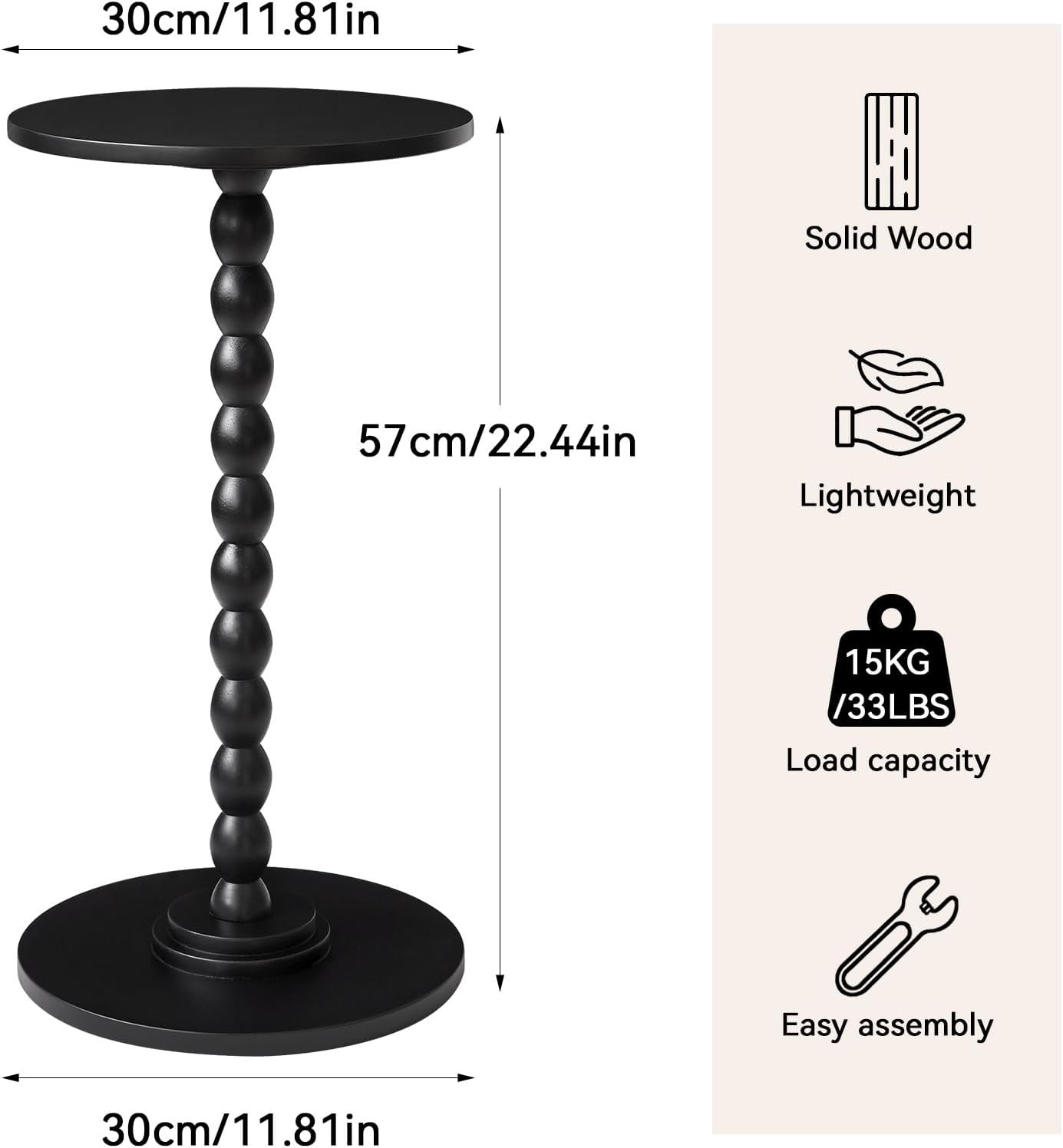 Black Round Side Table for Small Spaces – Modern Accent Table with Wood Leg Base