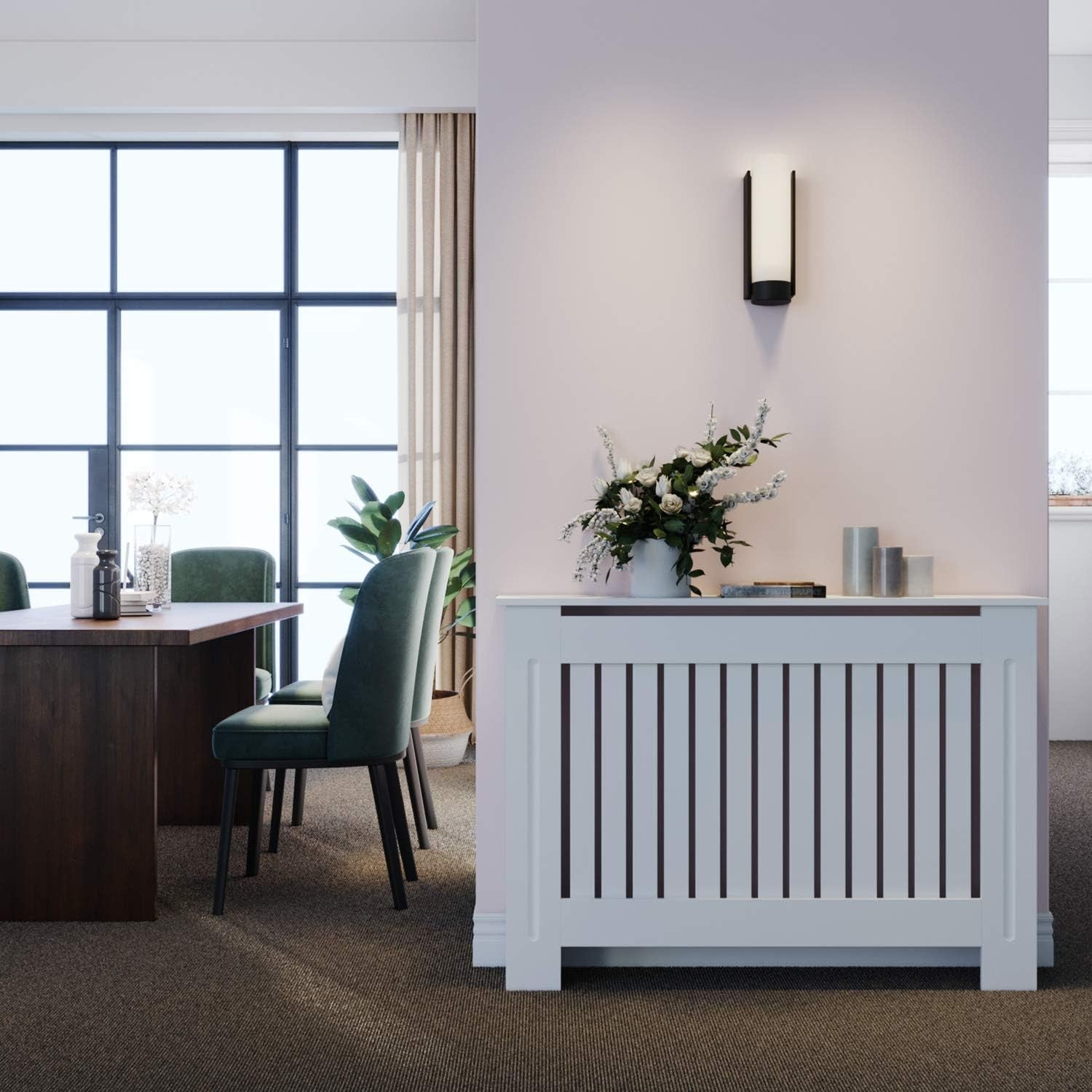 Medium Radiator Cover Cabinet White Slat MDF Modern Heater Shelf for Home Decor