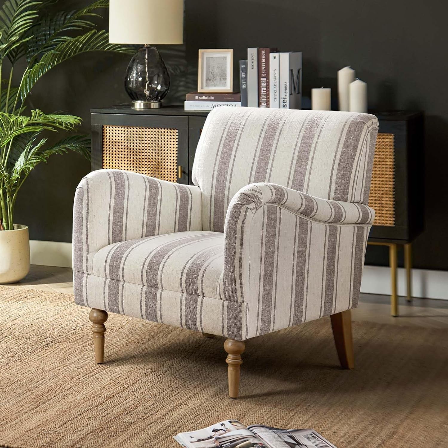 Striped Armchair Accent Chair Tan Upholstered Seat for Lounge Bedroom Home