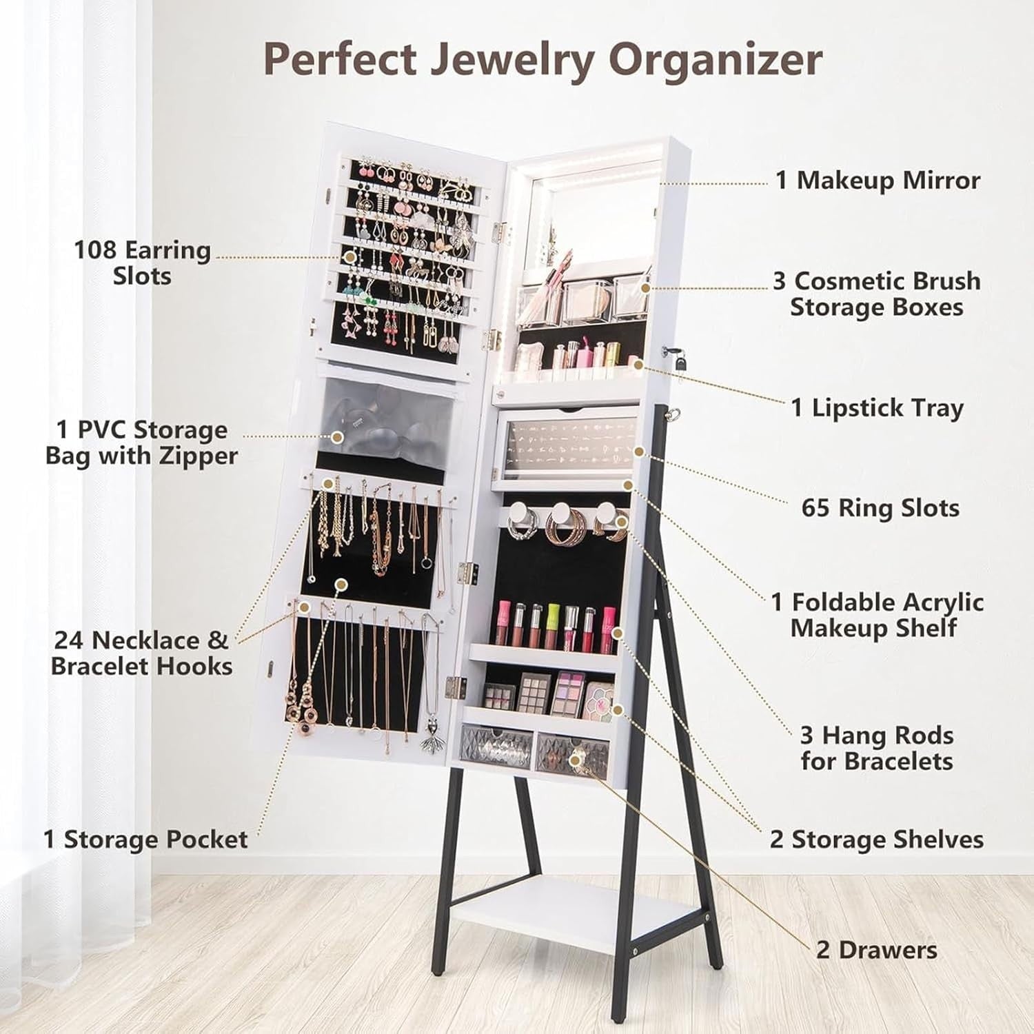 2 in 1 Standing Mirror Jewelry Armoire LED Light Lockable Storage Cabinet