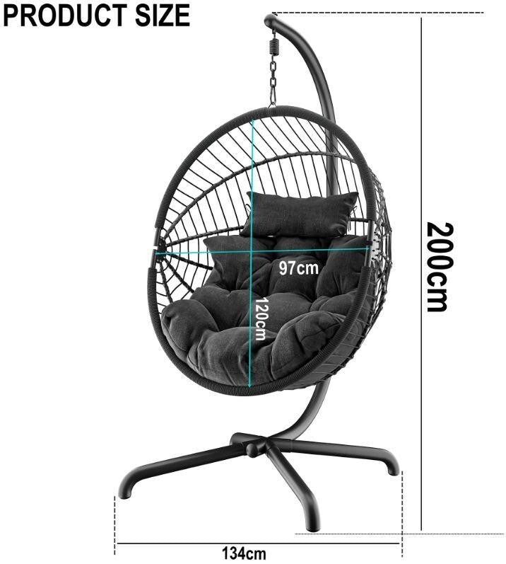 Hanging Egg Chair Garden Swing Seat Rattan Black with Cushion & Steel Frame