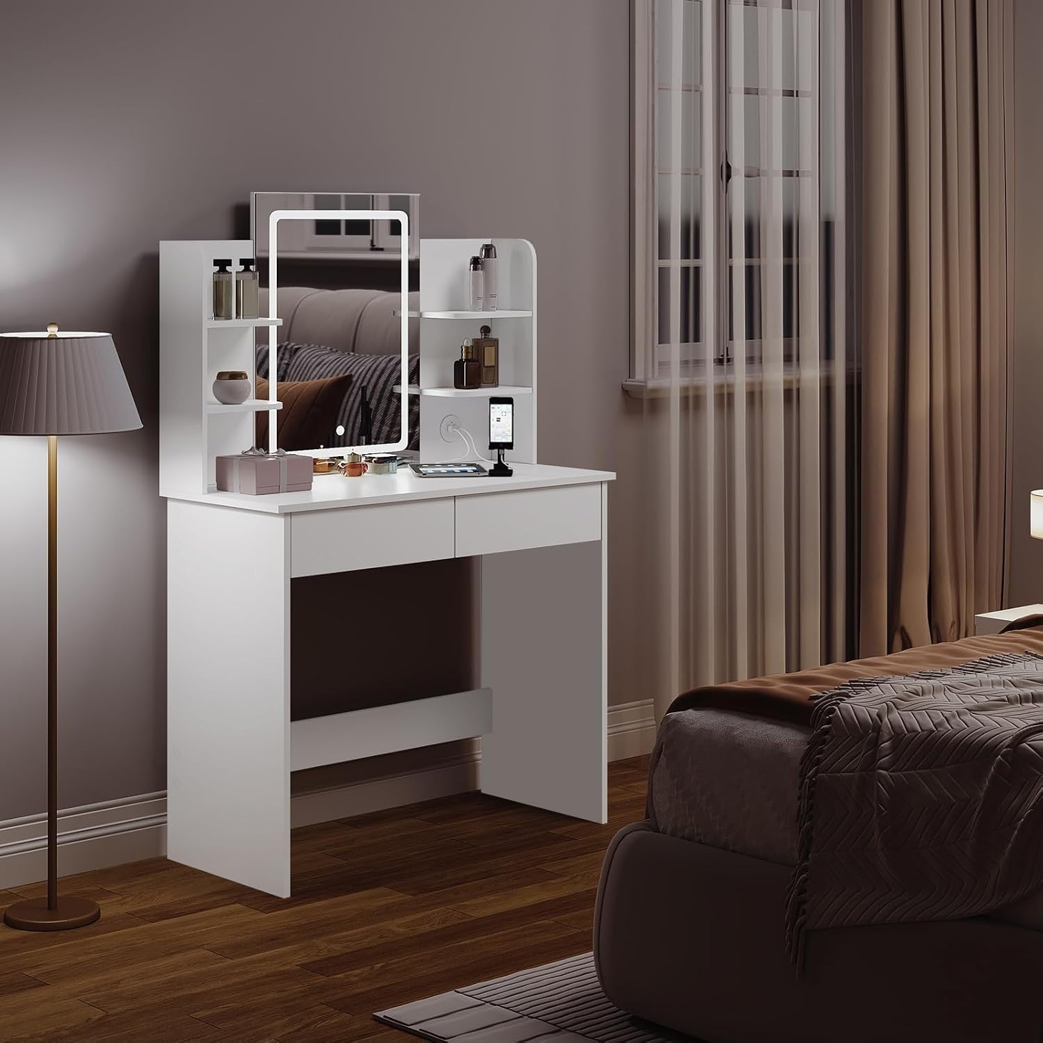 White Vanity Dressing Table Set LED Mirror Glass Top Charging Station 5 Drawers
