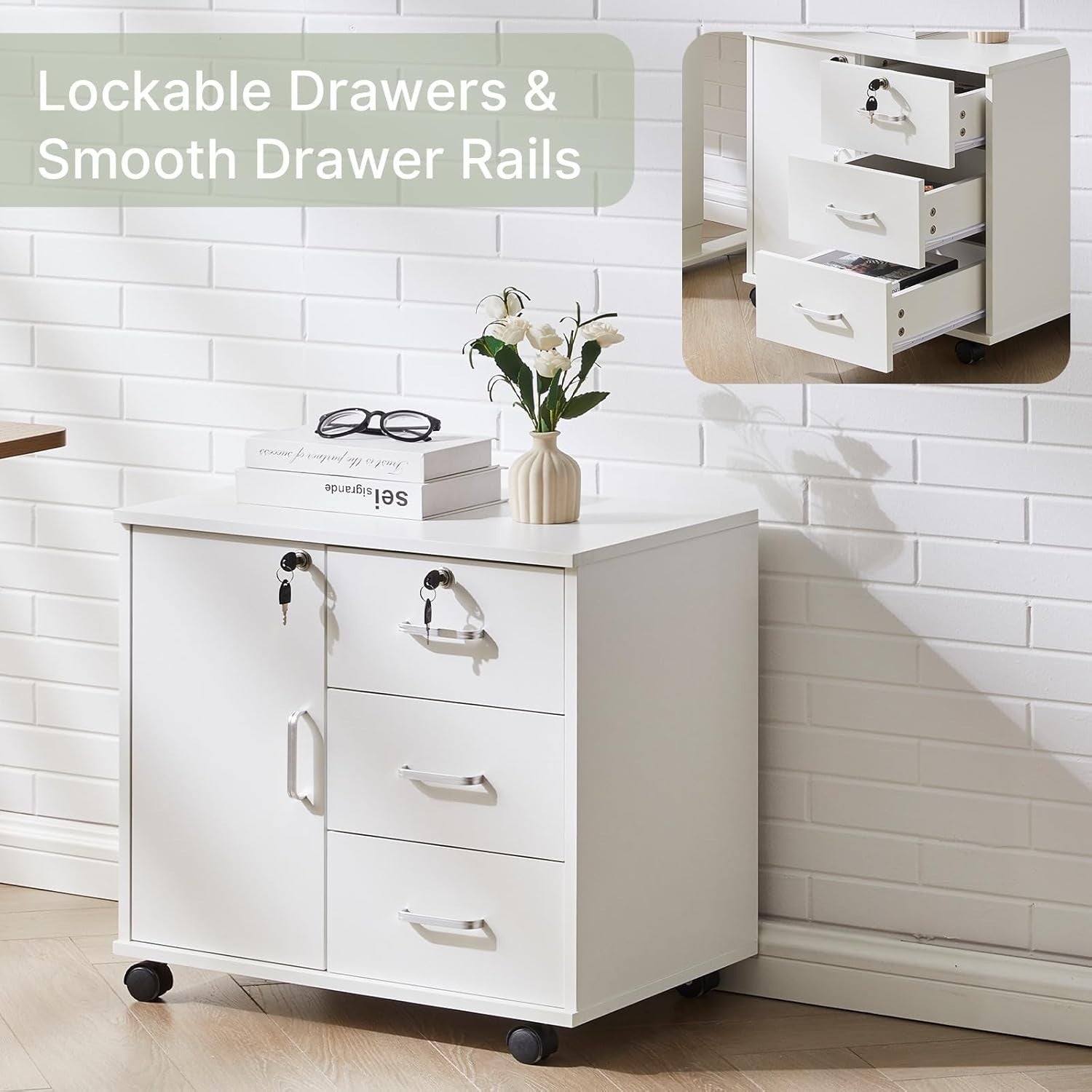 Locking Mobile File Cabinet 3 Drawer Printer Stand Rolling Office Storage