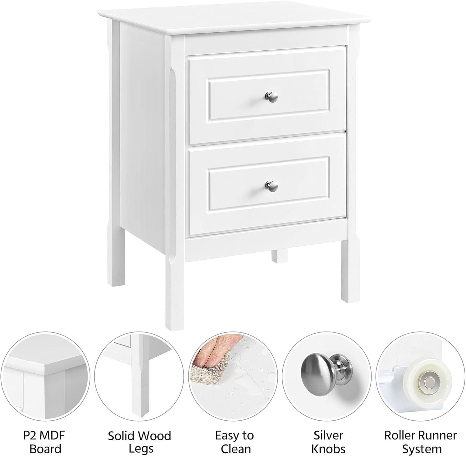 White Bedside Tables Set of 2 with Drawers, Wooden Nightstands