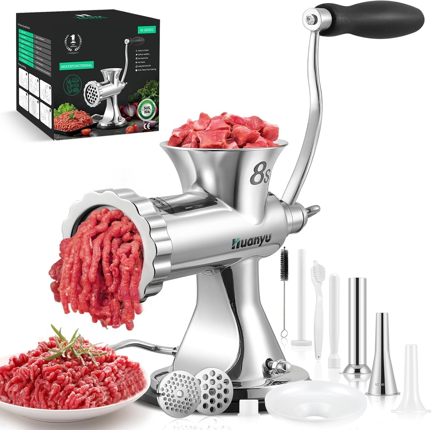 Manual Meat Grinder Sausage Stuffer Stainless Steel Mincer 2 Plates