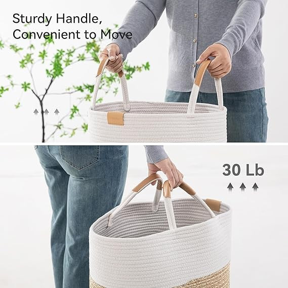 95L Foldable Laundry Basket with Leather Handles, Large Woven Beige Stripes Hamp