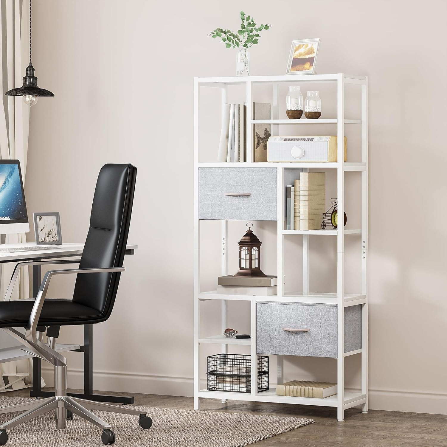 White 7-Tier Industrial Bookshelf with Drawers, Tall Storage Display Unit