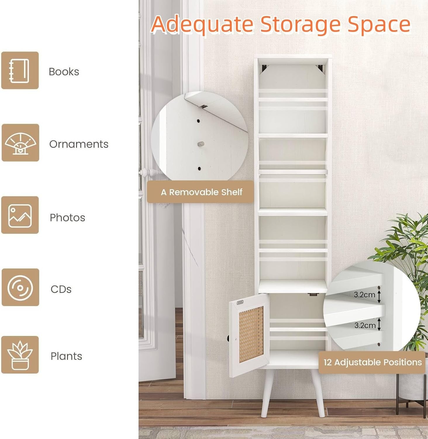 Slim Tall White Bookcase with Cabinet 6-Tier Adjustable Shelves Modern Storage