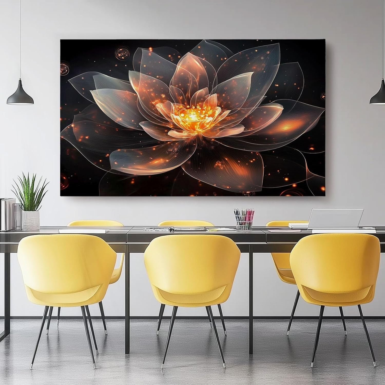 Extra Large Orange Black Lotus Canvas Wall Art 100x50cm