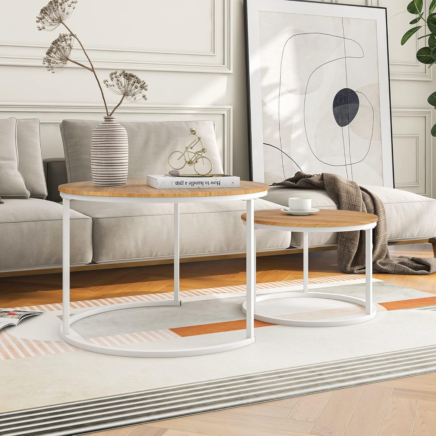 Nesting Coffee Table Set Round End Side Tables Space Saving Wood Metal Frame