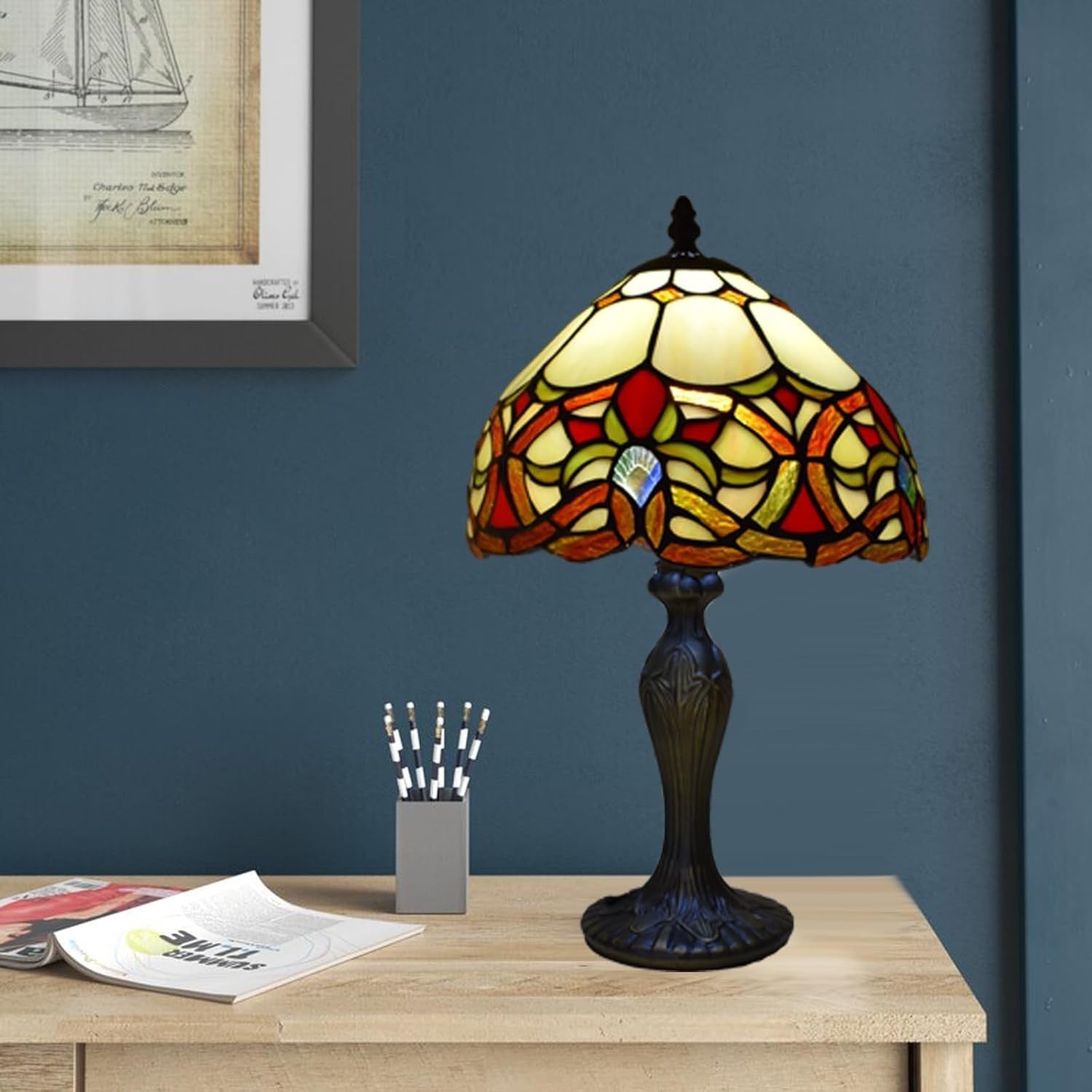 Tiffany Style Table Lamp Brass Base Stained Glass Adjustable Brightness Light