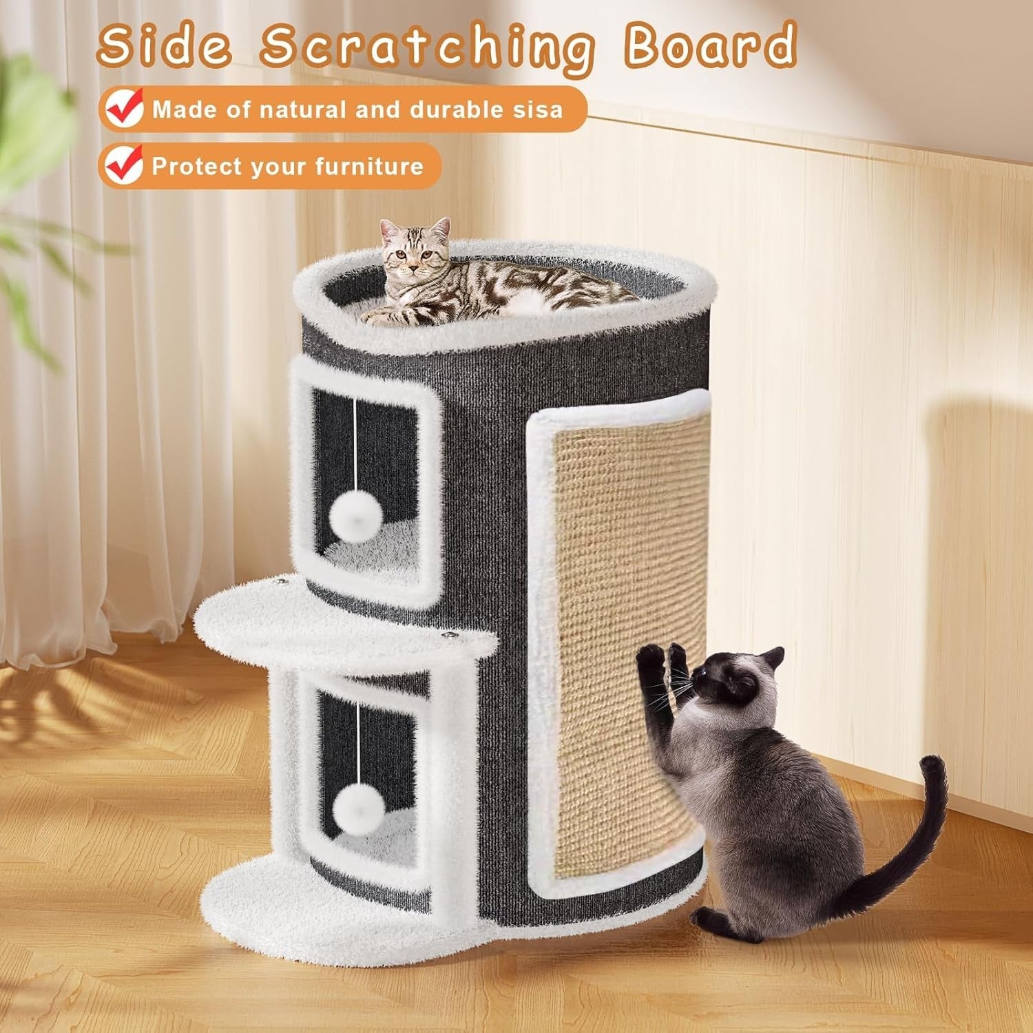 2 Tier Cat House Condo Large Cat Cave Bed w Scratch Pad Hanging Ball