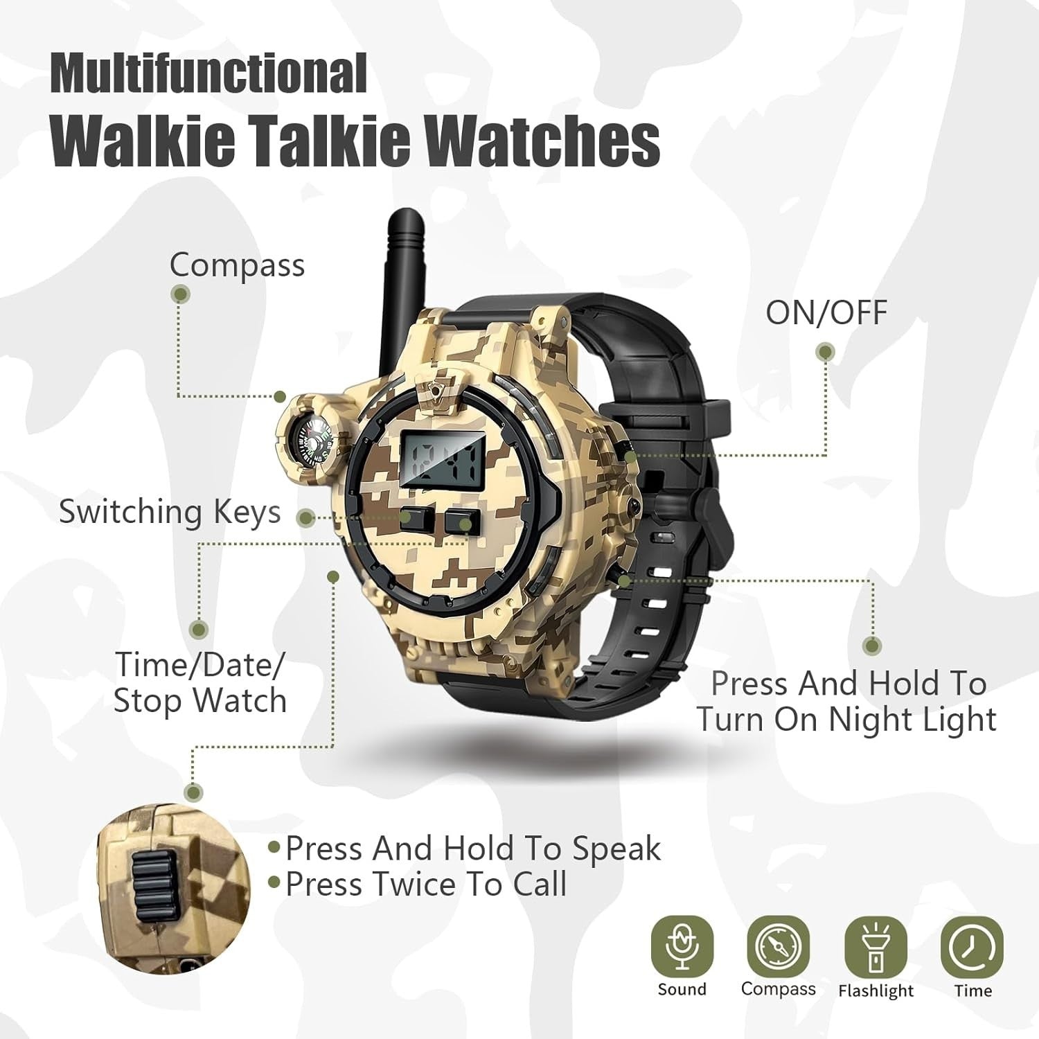 Kids Rechargeable Walkie Talkies 2 Pack Camo Long Range Radio w Flashlight