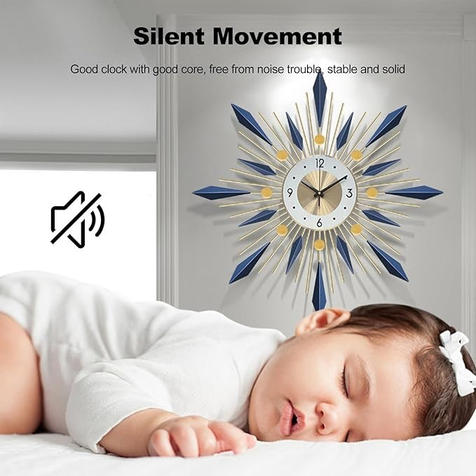 60cm Large Sunburst Wall Clock Modern Silent Metal Blue Gold Home Decor