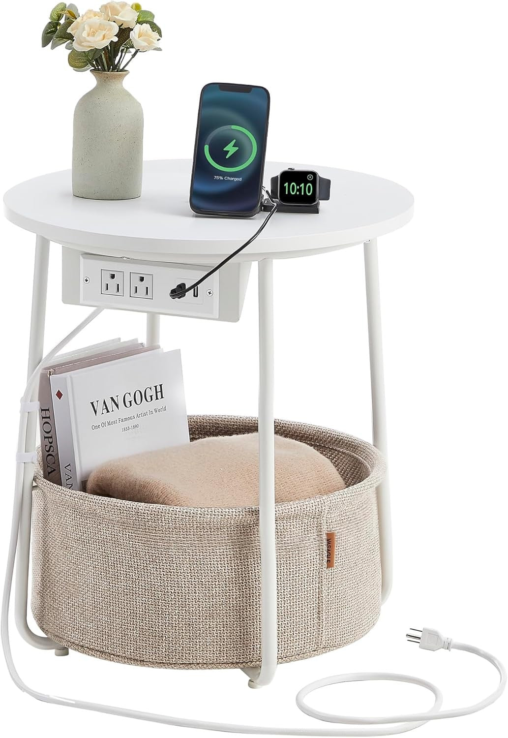 Round Side Table with USB Charging Ports, Storage Basket, Modern Bedside Stand