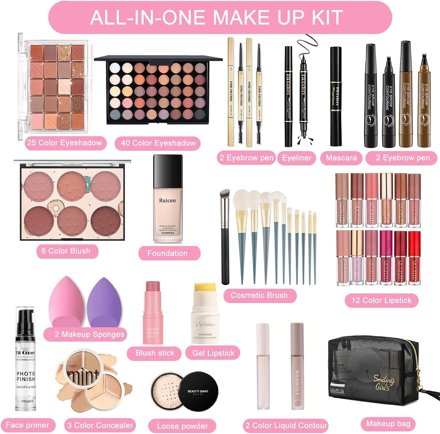 Professional Makeup Kit Full Face Set 40 Colour Eyeshadow Brushes Bag