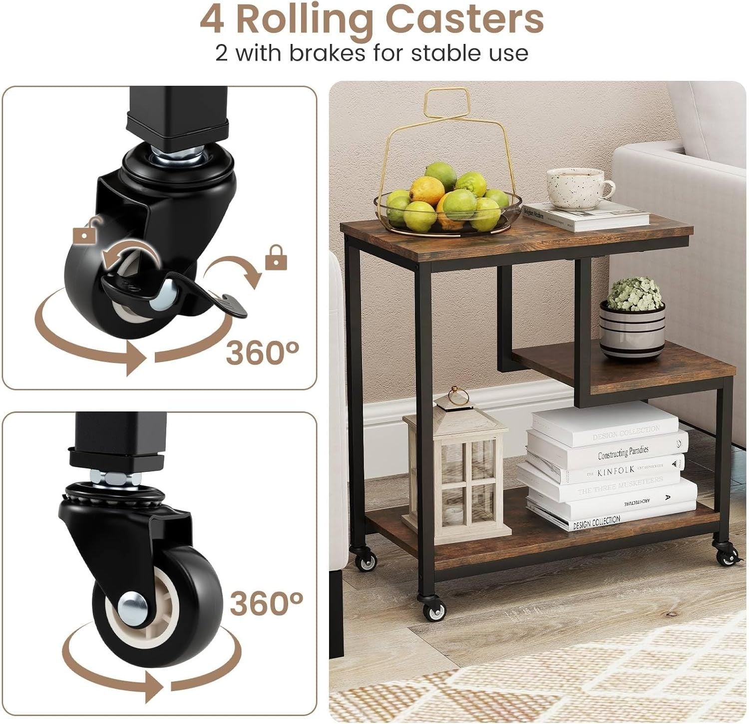 3-Tier G-Shaped Sofa Side Table with Wheels | Storage Shelf & End Stand