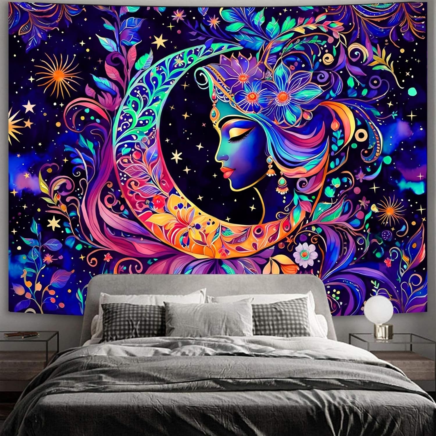 UV Reactive Moon & Star Mandala Tapestry Boho Wall Art