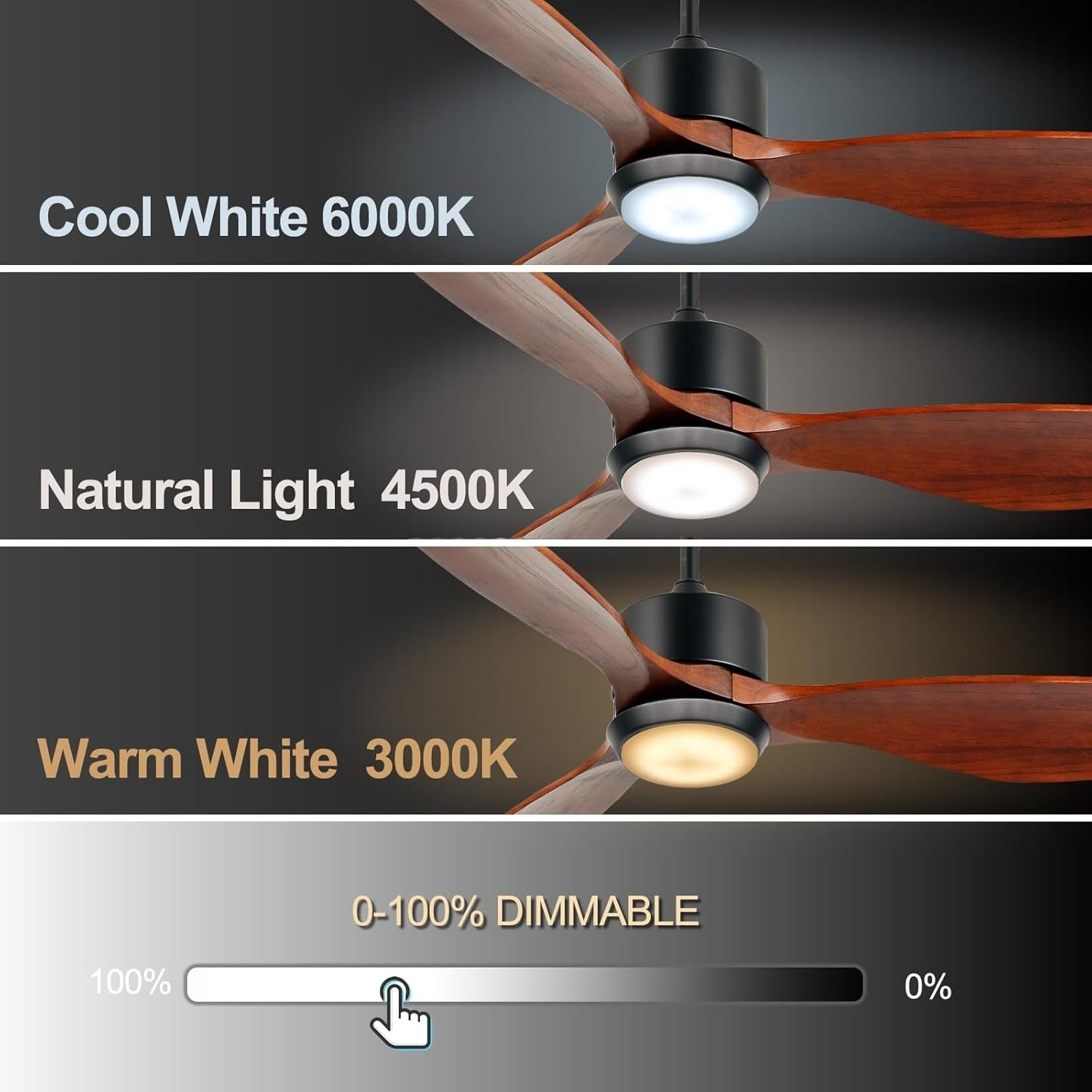 Ovlaim 132cm Wood Ceiling Fan, 3 Blades, LED Light, Quiet DC Motor, Remote