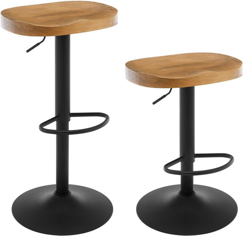 Set of 2 Dark Wood Effect Swivel Bar Stools Adjustable Height Saddle Seat