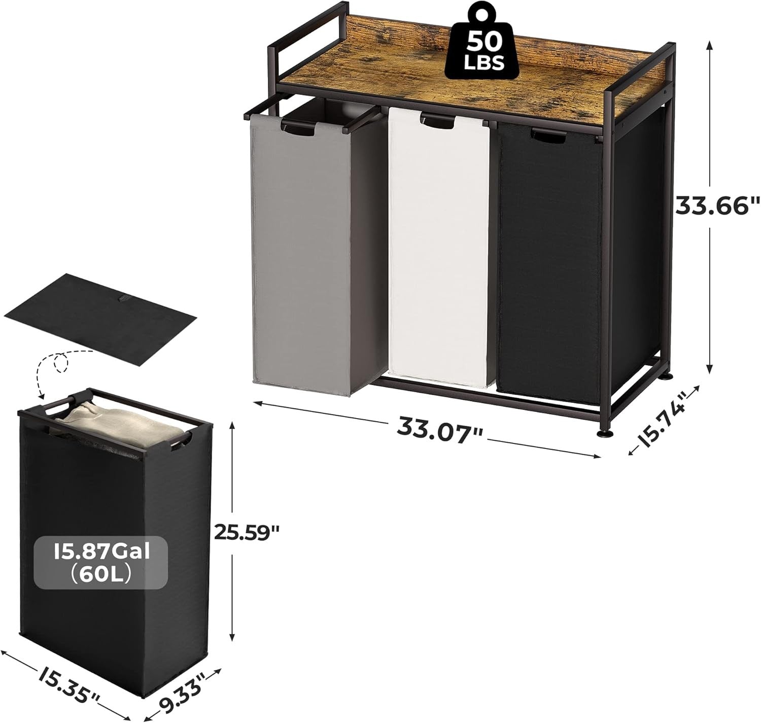 3 Section Laundry Hamper with Shelf Removable Bags Wheels Rustic Brown 180L