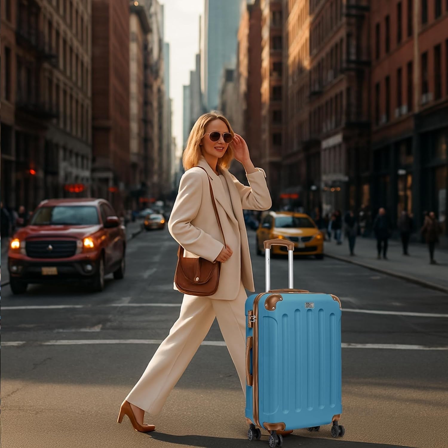 28” Large ABS Hard Shell Checked Luggage 4 Wheel TSA Lock Blue Brown