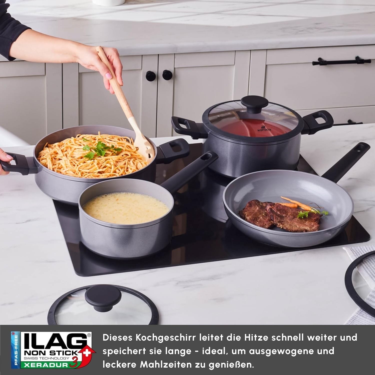 7pcs Grey Ceramic Non Stick Induction Cookware Set with Glass Lids