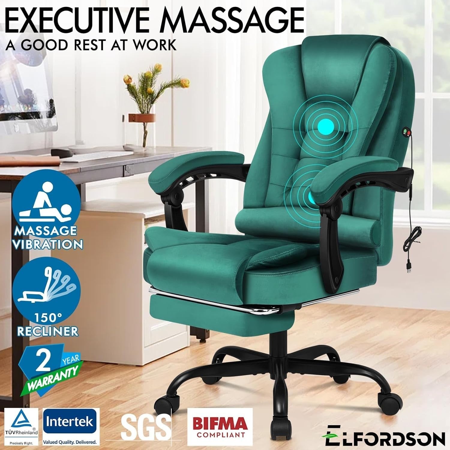 Massage Velvet Office Chair Recliner Footrest Adjustable Height Executive Desk P
